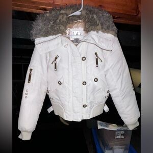 No boundaries white puffy coat with fur.